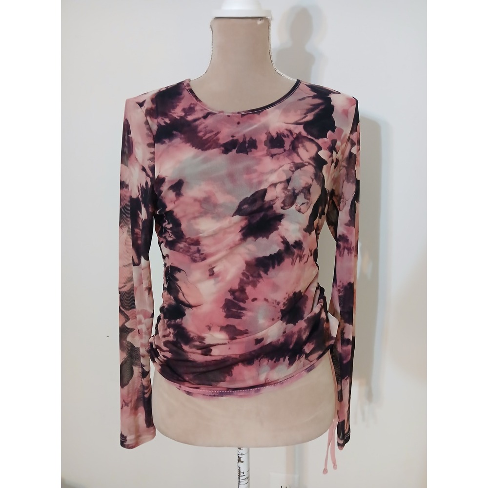 INC International Concepts Pink Floral Tie Dye Mesh Ruched Side Top Medium
